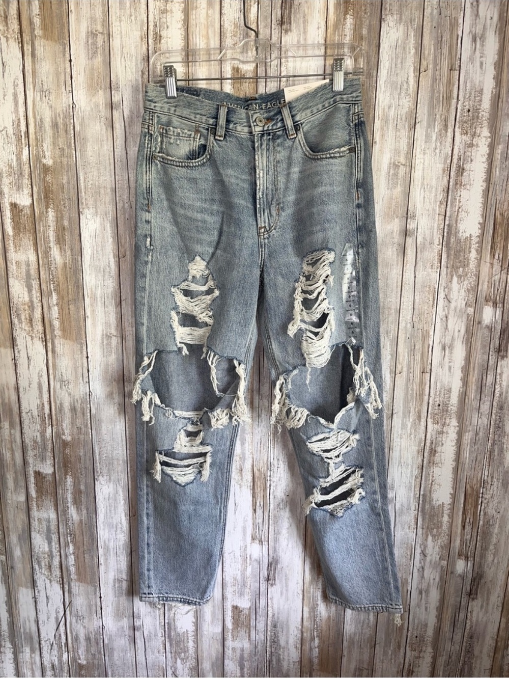 American Eagle Mom Jeans Size 6 Blown Out Blue Distressed Ripped NWT